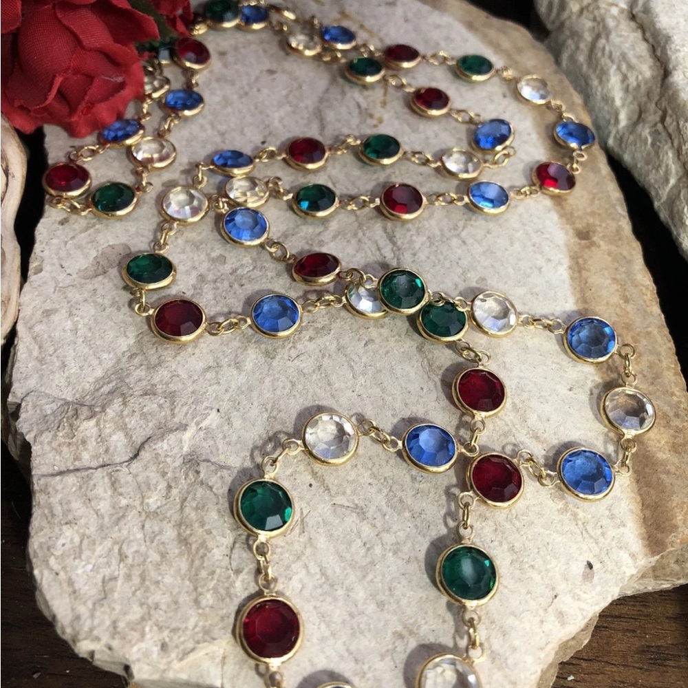 Vintage Gold Tone Multi Color Linked Bezel Austrian Crystals Chain Necklace 33"